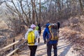 Korean hikers climbing the rock at the Bukhansan Mountain National park in Soeul, South Korea