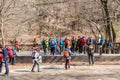 Korean hikers climbing the rock at the Bukhansan Mountain National park in Soeul, South Korea