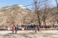 Korean hikers climbing the rock at the Bukhansan Mountain National park in Soeul, South Korea