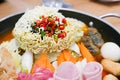 Korean Hot pot `Budae Jjigae` or Army Stew, a Korean fusion foo