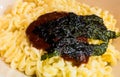 Korean instant noodle with hot sauce seaweed Royalty Free Stock Photo