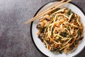 Korean Japchae Stir-fried glass noodles and vegetables closeup on the plate. Horizontal top view