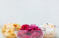 Korean kimchi cabbage, beet sauerkraut and sauerkraut in glass bowl. Probiotics food concept