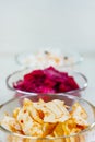 Korean kimchi cabbage, beet sauerkraut and sauerkraut in glass bowl. Probiotics food concept