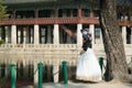 Korean lady in hanbok dress walk Royalty Free Stock Photo