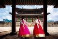 Korean lady in Hanbok or Korea gress and walk in an ancient town