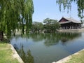 Korean Lake With Palace and Weeping Willow Trees Royalty Free Stock Photo