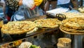 Korean local food, Green onion pancake at street food stall in t Royalty Free Stock Photo