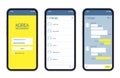 Korean messenger. Kakao talk interface with chat boxes, contact list and icons vector message template