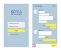 Korean messenger. Kakao talk interface with chat boxes and icons vector message template