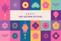 Korean Mid Autumn Festival - Chuseok. Mooncakes, lanterns and flowers, flat geometric style background and poster