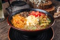 Korean noodle dish kuksi with beef and vegetables Royalty Free Stock Photo