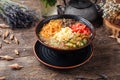 Korean noodle dish kuksi with beef and vegetables Royalty Free Stock Photo