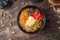 Korean noodle dish kuksi with beef and vegetables Royalty Free Stock Photo
