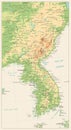 Korean Peninsula Detailed Physical Map Isolated on Retro White C