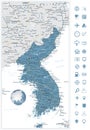 Korean Peninsula Road Map and Navigation Icons, North And South