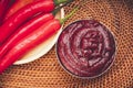 Korean pepper paste and red pepper in wooden plate, Gochujang Korean traditional Chili paste on a wooden table background.