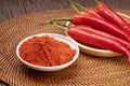 Korean pepper and red pepper in wooden plate, Korean chili powder on a wooden table background.