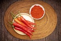 Korean pepper and red pepper in wooden plate, Korean Korean chili powder on a wooden table background.