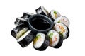 Korean rice roll Kimbap or gimbap made from steamed white rice. Isolated, white background. Royalty Free Stock Photo