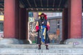 Korean royal guards in historical Joseon costumes at the Bosingak Bell Pavilion in Seoul South Korea