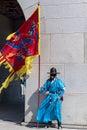 Korean royal guards in historical Joseon costumes in front of the Gyeongbokgung palace in Seoul South Korea