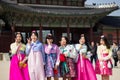 Korean School Girls wearing Hanbok at Gyeongbokgung Palace, Seoul South Korea