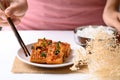 Spicy braised tofu (Dubu Jorim) eating with cooked rice, Korean side dish Royalty Free Stock Photo