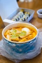 Korean spicy ramen with rice cakes and eggs Royalty Free Stock Photo