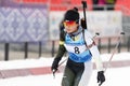 Korean sportswoman biathlete Lee Hyunju South Korea skiing at finish