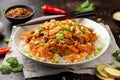 Korean Stir Fried pork belly kimchi with rice and spring onion. Asian food style Royalty Free Stock Photo