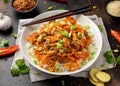 Korean Stir Fried pork belly kimchi with rice and spring onion. Asian food style Royalty Free Stock Photo