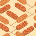 Korean street food - fried corndog with ketchup seamless pattern. Cartoon style hot dogs with sausage, fried in breadcrumbs. Asian Royalty Free Stock Photo