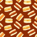 Korean street food seamless pattern. Bap rice burger rice with different fillings. Asian traditional snacks. Cute doodle