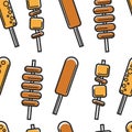 Korean street food seamless pattern meat potato and cheese on skewer Royalty Free Stock Photo