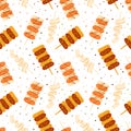 Korean street food seamless pattern. Rice cake skewers sotteok sotteok with sausages and rice. Asian snacks on sticks. Cute doodle