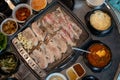 Korean style pork barbeque Samgyeopsal with side dish