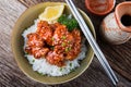 Korean style spicy crispy chicken and rice.