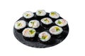 Korean style sushi Kimbap or gimbap made from steamed white rice. Isolated on white background. Top view. Royalty Free Stock Photo