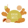 Korean sweets bun shaped border. Asian street food festival frame banner. Steamed buns, fish shaped pastry, dalgona candy, twisted