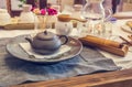 Korean tea ceremony table, vintage toning Royalty Free Stock Photo