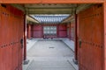 Korean traditional architecture -Korean Tradition red wooden doorin Bukchon place in Seoul, republic of Korea / south korea