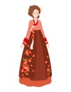 Korean traditional clothes Hanbok on smiling girl. Oriental culture costume with flower of persimmon on isolated white