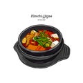 Korean traditional Kimchi soup in a clay pot , Hand draw sketch vector