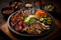 Korean traditional food Sliced beef and vegetables on the grill