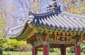 Korean traditional pagoda. Detail of pavilion at Gyeongbokgung Palace in Kiev, Ukraine Royalty Free Stock Photo