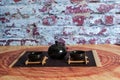Korean traditional tea set on a brown painted bamboo rug Royalty Free Stock Photo