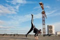 Korean urban style male dancer performing breakdance handstand on top roof Royalty Free Stock Photo