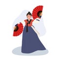 Korean Woman in Hanbok Performing Traditional Fan Dance