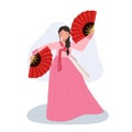 Korean Woman in Hanbok Performing Traditional Fan Dance